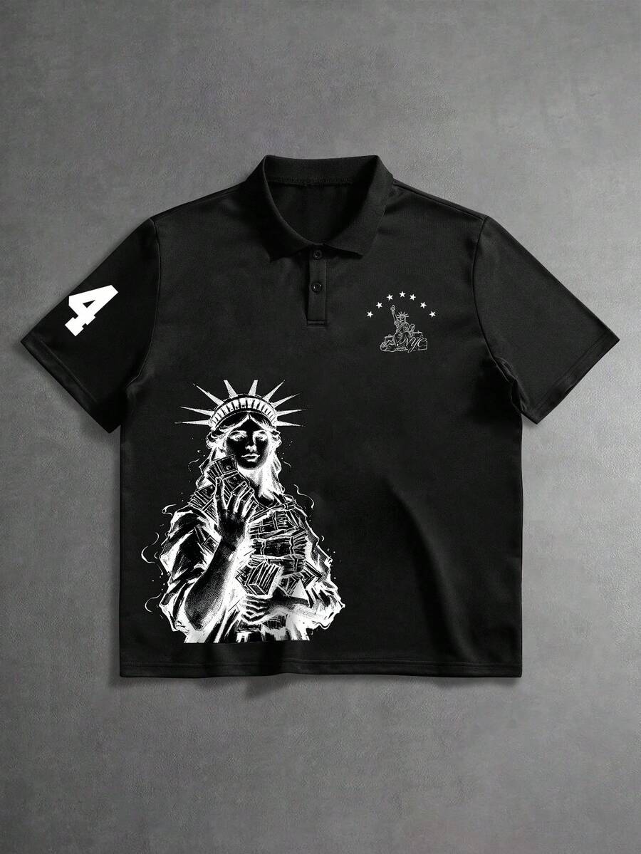 Manfinity EMRG Men's Black Street Style Polo Shirt,Black N White Statue Of Liberty Stars Numbers Print,Loose Short Sleeve Summer Casual Cruise Independence Day Top - Multicolor - View 1