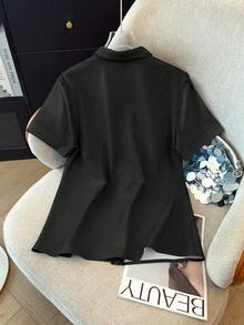 EMERY ROSE Women's Denim Effect Print Short Sleeve Single-Breasted Casual Basic Shirt Travel Black Summer - Black - View 2