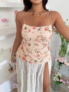 GalTyme Apricot Plus Size Women Sleeveless Lace Patchwork Floral Print Fitted Top - Apricot - View 5