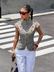 Muchica 2026 New Arrive Minimalism Spring/Summer Women's Retro Mandarin Collar Jacket, Suitable For Commuting - Light Grey - View 1