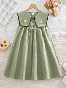 SHEIN Young Girl Pastoral Floral Embroidered Floral Pattern Ruffle Collar Dress, Versatile Floral Pattern Round Neck Ruffle Trim Contrast Color Dress,Girls' Floral Embroidered Dress, Peter Pan Collar, Ruffle Trim, Contrast Color Dress - Mint Green - View 7