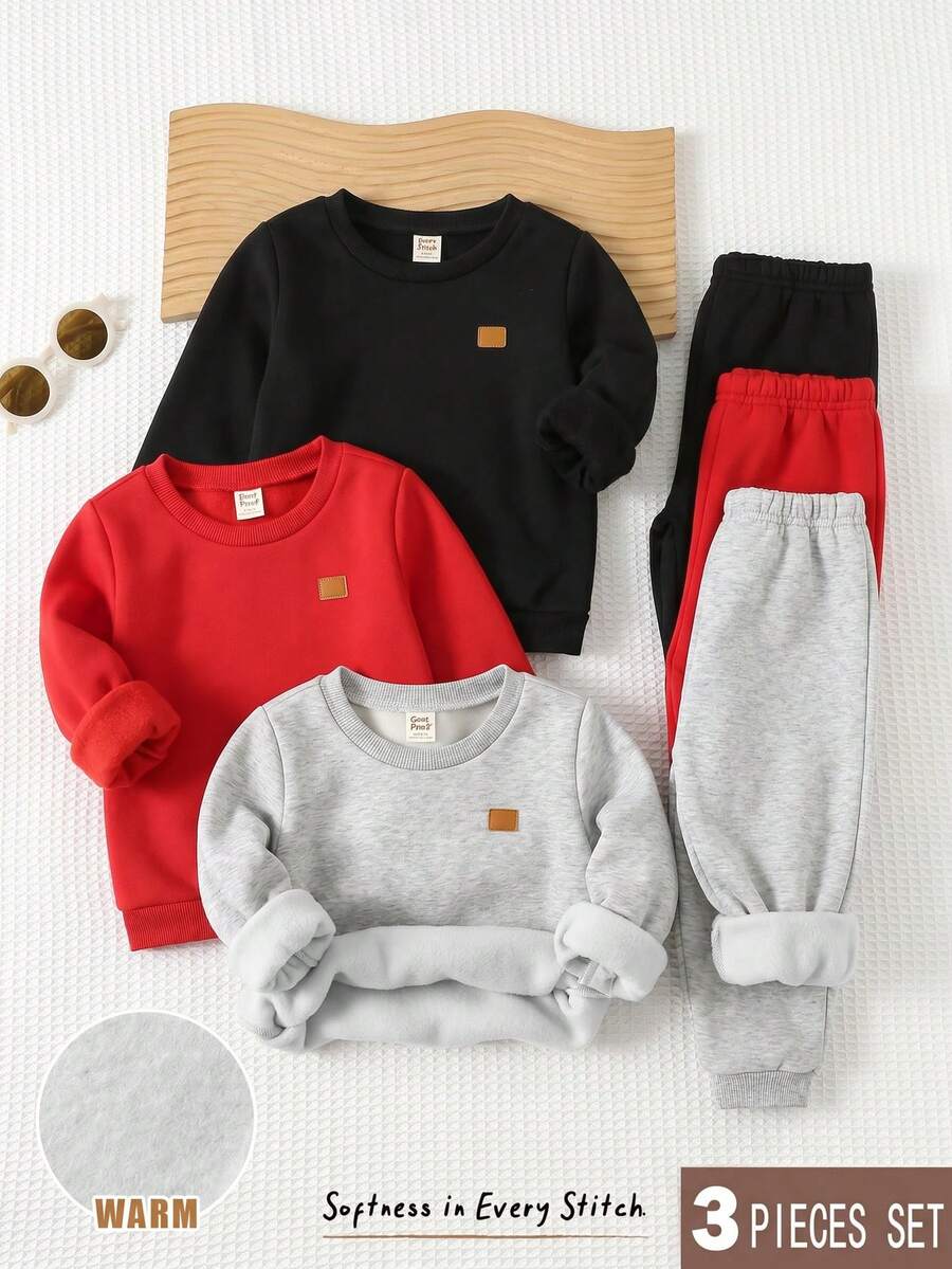 Cozy Pixies Young Boy Decorative Patchwork Round Neck Long Sleeve Pullover Sweatshirt Elastic Waist Long Pants 6-Piece Set - Multicolor - View 1