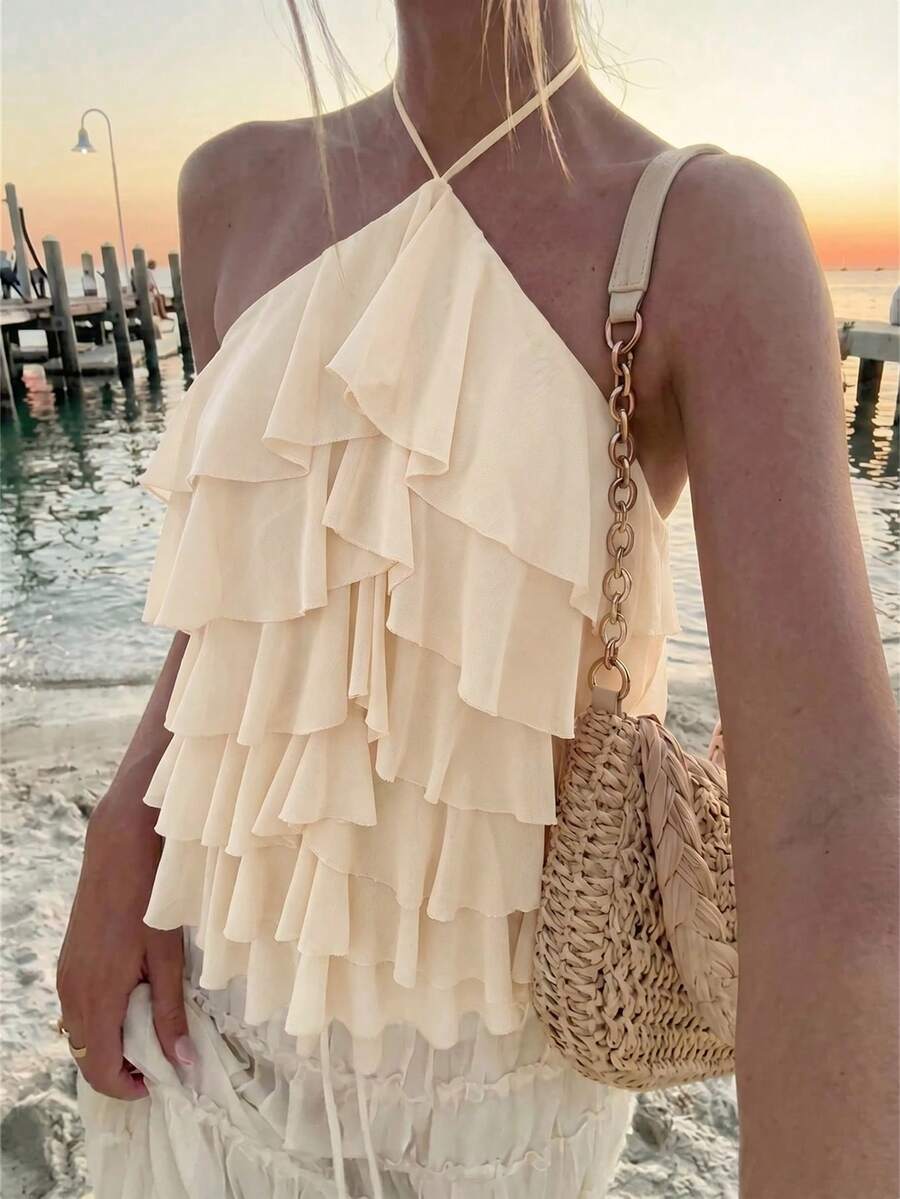 Aloruh Women's Elegant Tropical Romantic Lace-Up Halter Neck Multi-Layer Ruffle White Beach Vacation Vacation Date Top Summer - Khaki - View 1