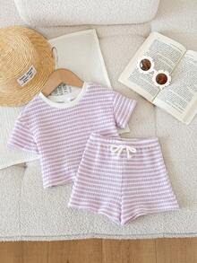 LMoss Kids Set 2 Potong Baju dan Celana Pendek Rajut Bergaris Leher Bulat untuk Bayi Perempuan - Mauve Purple - View 7