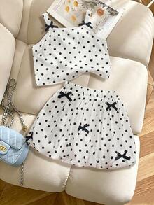 Elladie kids 2pcs Young Girls Summer New Ins Style Black And White Polka Dot Back Open Bowknot Square Neck Sleeveless Tank Top And Multi-Bowknot Design Puff Skirt Set, Suitable For Daily Outings, Banquets, Parties, Celebrations, Vacations, Back To School, Spring And Summer - White - View 4