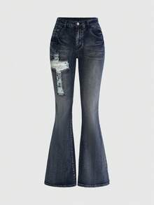 ROMWE Y2K Vintage Sexy Cross Ripped Frayed Waist Low-Rise Skinny Women Jeans, Spring/Summer - Medium Wash - View 1