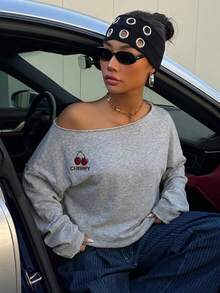 SHEIN EZwear 34%棉女款休閒淺灰色露肩寬鬆長袖運動衫，櫻花印花，女款秋冬服飾 - 灰色 - 查看 7
