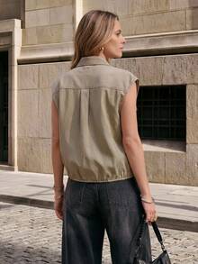 Ciel Poise Women's Blouse Regular Fit Elastic Smocked Waist Shirt Collar Front Button Up Sleeveless Hem Minimalist Casual Business Casual Olive Green Solid - Khaki - View 3
