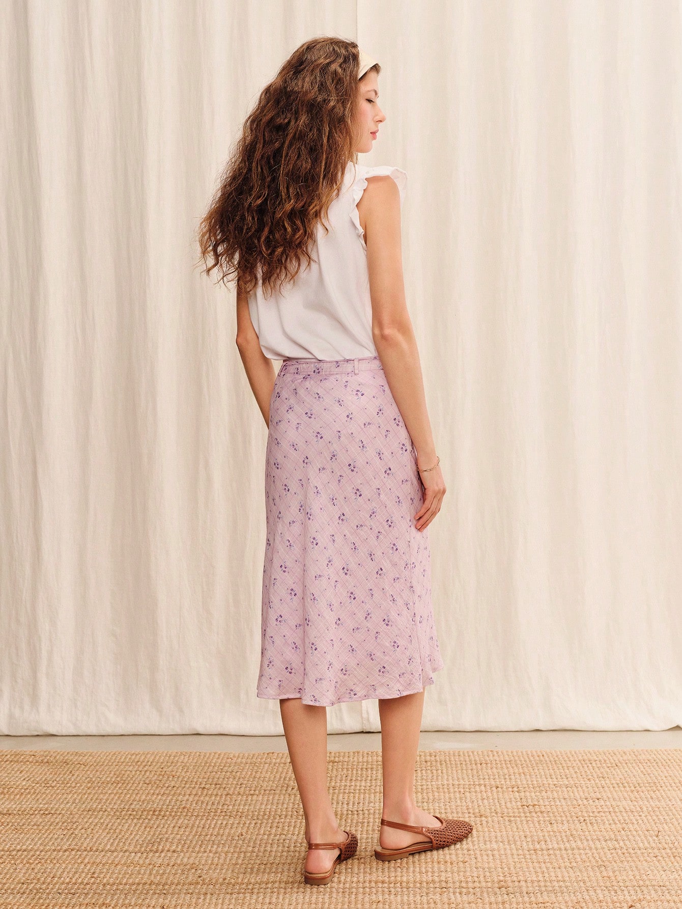 Lilac Striped Floral Midi Skirt With Delicate Tie Waist Summer Holiday Business Casual Skirt