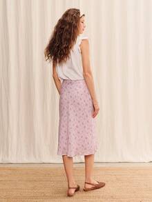 lacRébo Falda midi de rayas lilas con estampado floral y delicado lazo en la cintura, falda casual de negocios para vacaciones de verano - Lila Púrpura - Ver 2