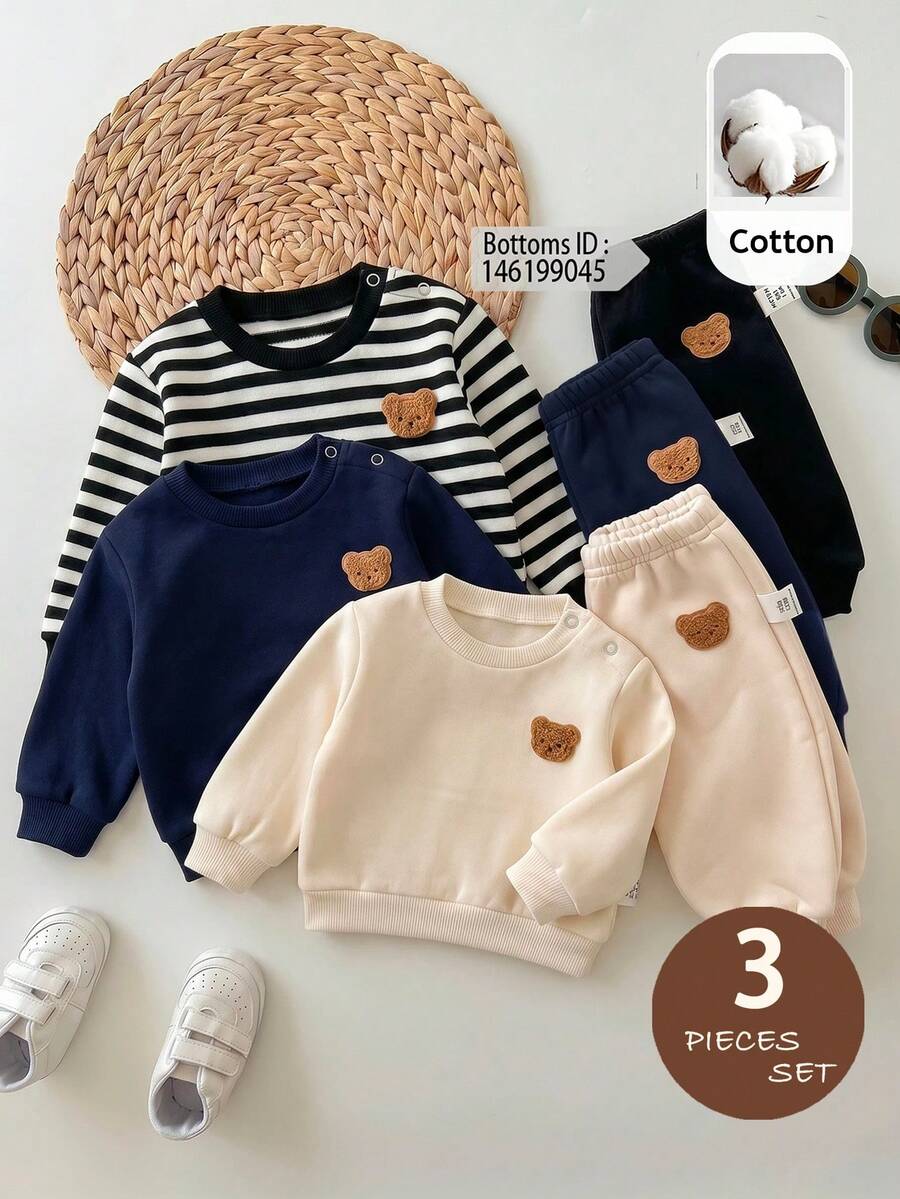 SHEIN 3pcs Newborn Baby Cute Knitted Striped Cartoon Pattern Long Sleeve Sweatshirt Set (Sold Separately: Winter Top And Pants) - Multicolor - View 1