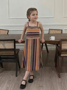 Dazy Kids Young Girl Summer Beach Vacation Style Patchwork Crochet Striped Print Cami Dress - Khaki - View 4