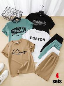 SHEIN 8件組青少年男童休閒寬鬆字母圖案圓領T恤短褲套裝，適合工作、上學、日常穿著、運動，春/夏 - 彩色 - 查看 6