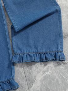 SHEIN Tween Girls Loose Straight Leg Denim Pants, New Washed Versatile Minimalist Cute Casual Style, Frill Trim Design, Elastic Waistband With Drawstring - Blue - View 7