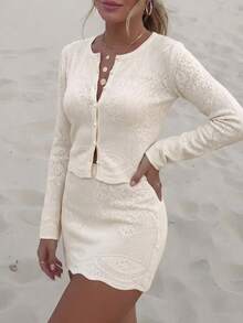 Gaivellea Women's Casual Elegant Solid Color Button Front Cardigan And Mini Skirt 2 Pieces Set Vacation Off-White Autumn - Apricot - View 3