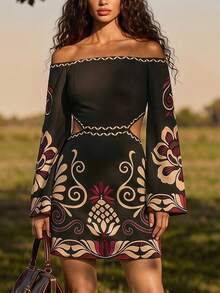 CAJUNI Vestido mini de fiesta con estampado floral, hombros descubiertos y diseño calado para mujer - Multicolor - Ver 7