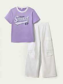 SHEIN Casuvi Kids Ensemble T-shirt décontracté d'été pour filles, T-shirt à manches courtes col rond avec motif broderie nœud et pantalon cargo long, ensemble 2 pièces, convient pour les tenues de mode printemps/été - Parme - Voir 1