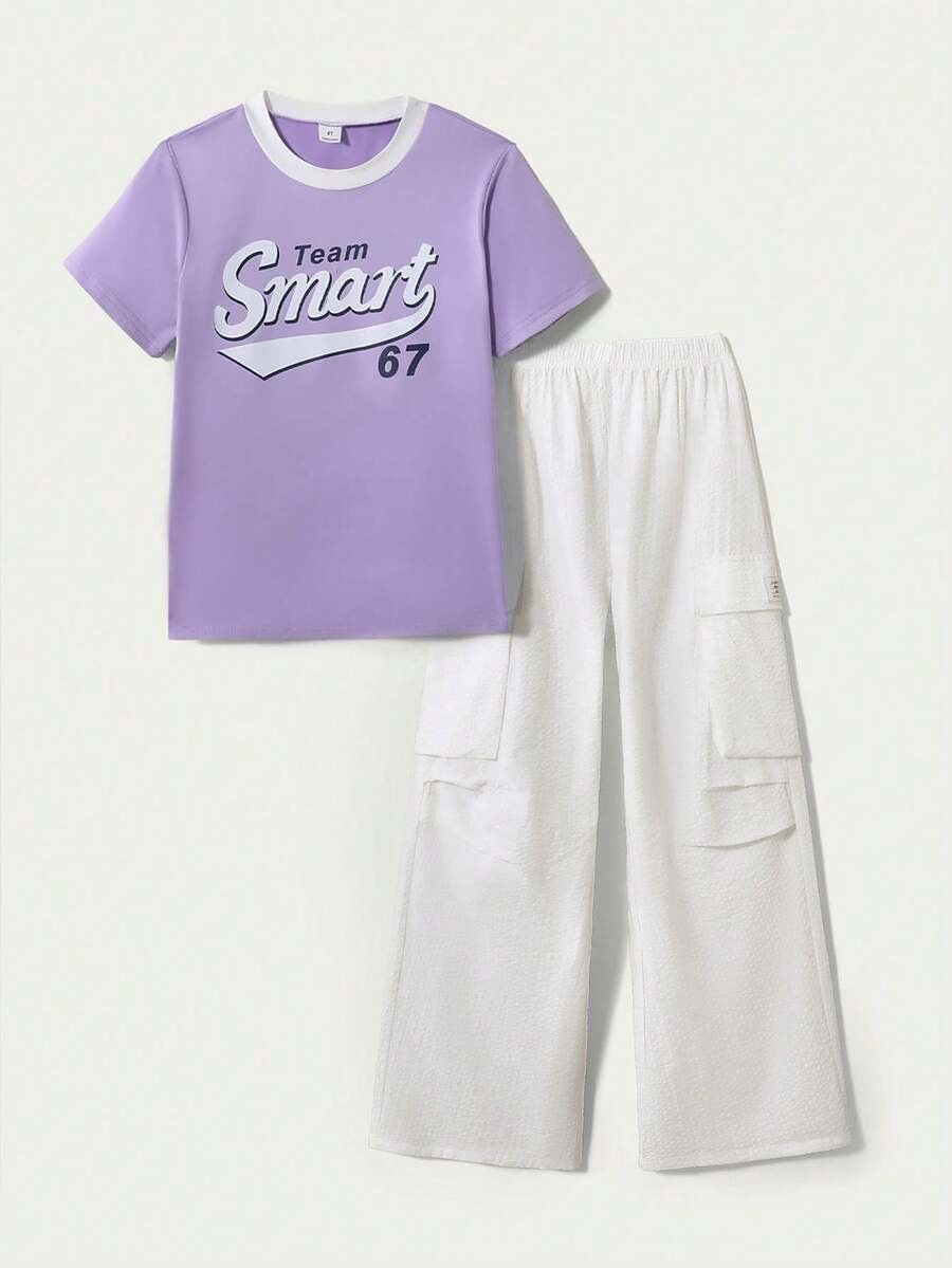 SHEIN Casuvi Kids Ensemble T-shirt décontracté d'été pour filles, T-shirt à manches courtes col rond avec motif broderie nœud et pantalon cargo long, ensemble 2 pièces, convient pour les tenues de mode printemps/été - Parme - Voir 1