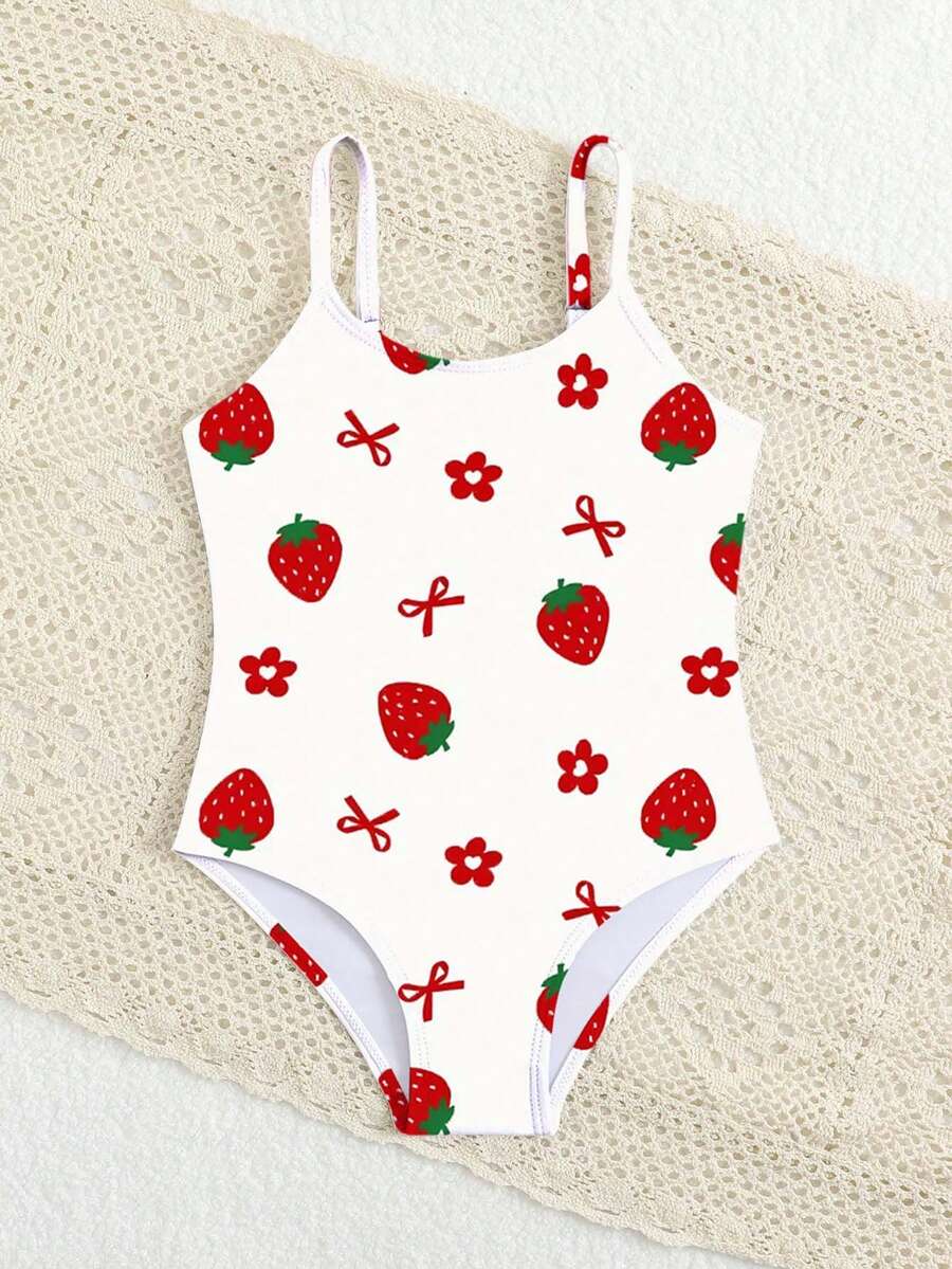 女童草莓印花连体泳衣,休闲百搭,适合海滩、度假、户外活动,夏季必备 - 彩色 - 查看 1