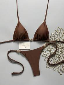 Swim Mod Women's Solid Color Halter Tie Metallic Bikini Set, Spring/Summer - Brown - View 3