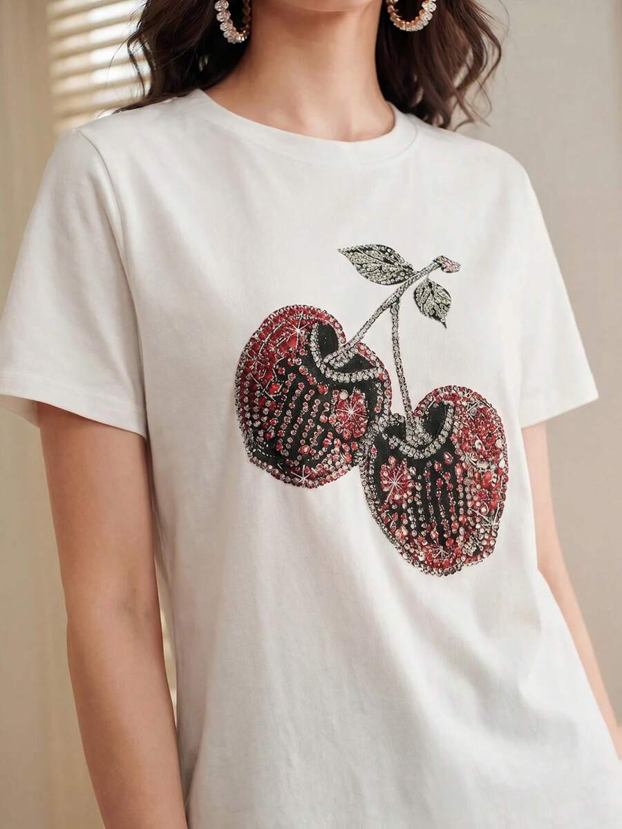 Anewsta Damen Rundhals Shirt mit Strass-Kirschprint, vielseitig tragbar für den täglichen Gebrauch, Kurzarm - Weiss - Übersicht 1