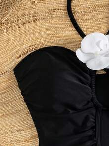 Swim Chiccia 女款黑色抓皺鏤空花卉高衩時尚性感連身泳衣，適用於海灘、音樂節，春夏季 - 黑色 - 查看 4