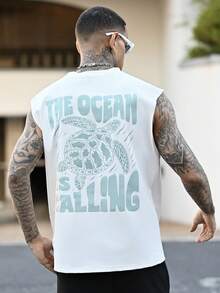 Devon Thys Standard Size Men's "Ocean Calling" Sea Turtle Graphic Tank Top, Suitable For Summer - White - View 2