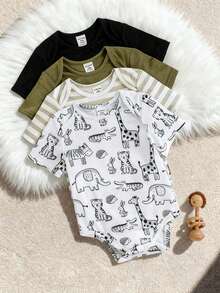 4pcs Baby Boy/Girl Cute Knitted Cartoon Giraffe, Rabbit, Tiger, Crocodile Pattern Elastic Striped Short Sleeve Rompers Basic Bodysuit Set - Multicolor - View 8