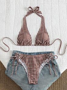 Swim Mod 女士海灘度假春/夏格紋印花掛脖式可愛露背性感老錢風歐式打結比基尼套裝 棕色條紋 - 彩色 - 查看 5