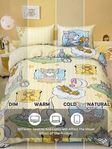 TOM & JERRY X SHEIN Bộ 3 món vỏ chăn in hoạt hình hoạt hình màu vàng, chất liệu nhám, mềm và ấm, nhiều kích cỡ, phù hợp cho giường đơn/giường đôi/giường Queen/giường King, có thể giặt bằng máy - Nhiều màu 1 - Xem 10