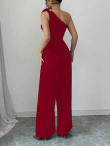 Women's Solid Color Jumpsuit With Asymmetrical Neckline, Sleeveless And With 3D Floral Print - 紅色 - 查看 2