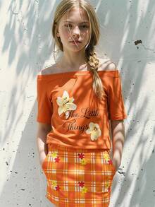 DAZY Tween Girls Asymmetrical Shoulder Loose Short Sleeve Floral Print T-Shirt Vacation Summer - Coral Orange - View 5