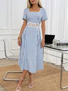 Easowa Abito midi da donna con scollo quadrato, bordo a contrasto, vita in pizzo patchwork, arricciato e arricciato sul retro, vita stretta, gonna a pieghe a-line a ombrello, maniche corte, in cotone tinto in filo a righe, tessuto confortevole, stile casual rilassato ed elegante, stile old money, per pendolari e vacanze, primavera estate - Blu e Bianco - Visualizzare 7