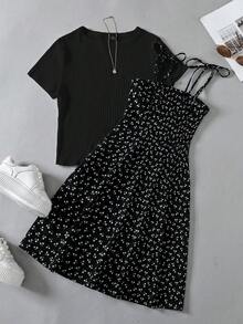 SHEIN Essnce 大尺碼女款春夏時尚休閒彈性舒適日常白色短袖T恤與黑色碎花印花細肩帶貼身短洋裝兩件套，夏季穿搭，曲線可愛套裝 - 黑色 - 查看 1