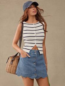 WESTFADE Everyday Jacquard Women's High Waist Scalloped Pastal Button Front 100 Cotton Denim A Line Mini Skirt, Summer, Country Sexy Casual, Festival, Boho - Medium Wash - View 3