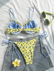 Swim Mod 春夏季數位印花鋼圈托高吊帶上衣與側綁泳褲女款可愛比基尼套裝，甜美可愛藍色花卉比基尼泳裝套裝 - 藍色 - 查看 2