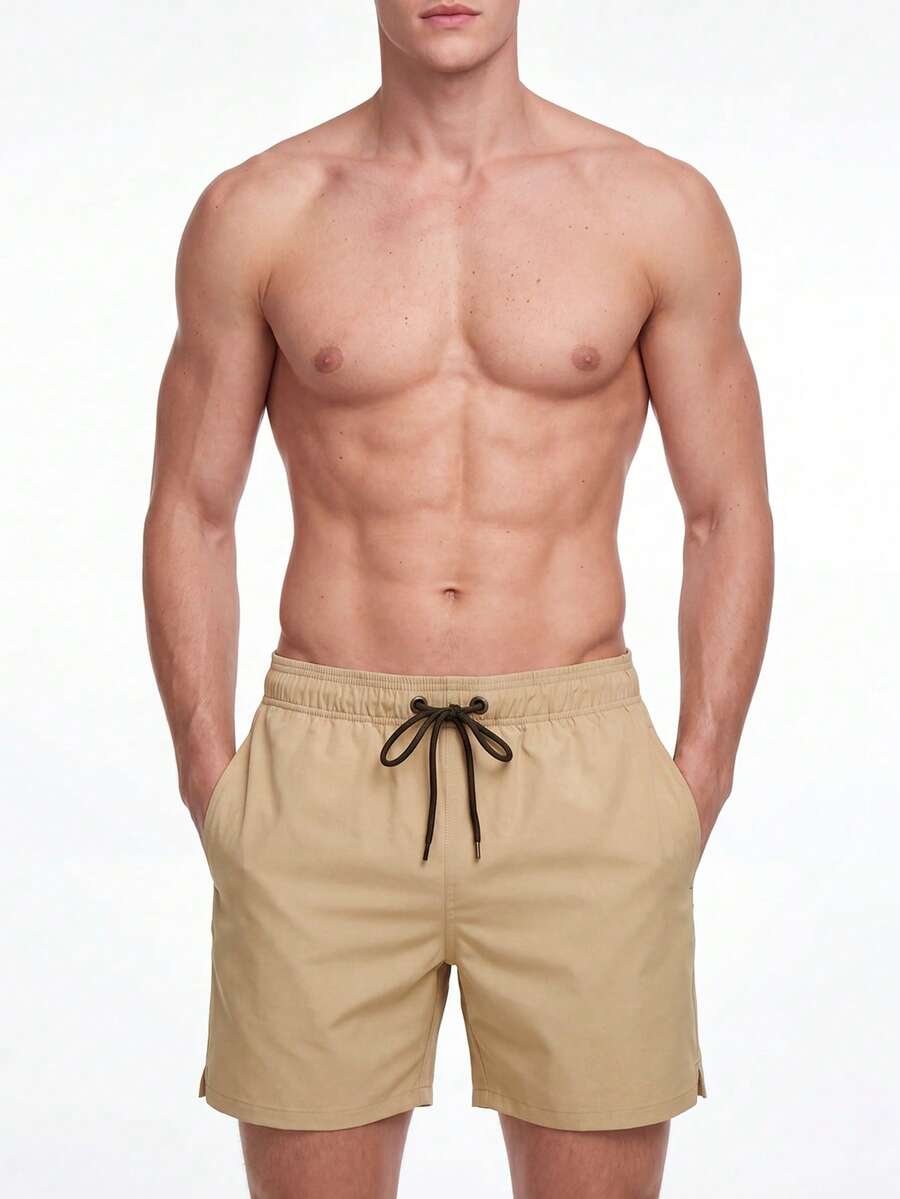 Manfinity KASUA Men's Drawstring Waist Zipper Pocket Beach Shorts - Khaki - View 1