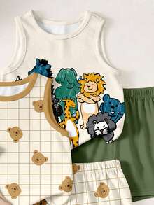 Young Boys Casual Simple Comfortable Tank Tops, 3pcs Set, Suitable For Spring/Summer, Cute Animal Park Cartoon Hand-Drawn Pattern Print, Cute Cartoon Bear Pattern Print, Cute Lion Pattern Print - Multicolor - View 5