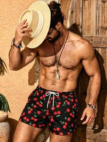 Azuldrift Men's Beach Summer Cherry Print Drawstring Shorts Holiday / Vacation / Beach / Hawaii / Tropical / Swim /  Bathing - Black - View 7