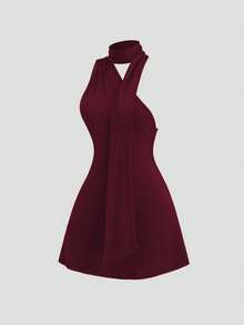 Sweetra Abito da donna primavera/estate con spalla asimmetrica, fluido con laccio, nero, alla moda, colore unito, aderente, mini, con un'atmosfera elegante e matura - Bordò - Visualizzare 3