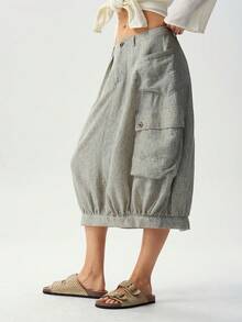 Bohemela Casual Solid Color Woven Loose Women's Skirt Vacation Panlakad Gray Autumn - Army Green - View 3
