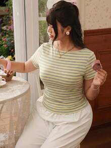 CovetEZ Camiseta de manga corta casual de talla grande con rayas de color crema amarillento, para primavera/verano - Amarillo - Ver 7