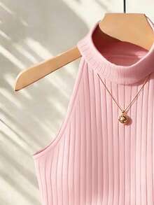 SuriyaCove Camiseta de tirantes ajustada de unicolor acanalada para mujer - Rosa - Ver 4
