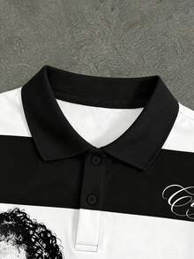 Manfinity EMRG 男士黑白條紋街頭風 Polo 衫，人像十字印花寬鬆短袖夏季休閒上衣，新款夏季男士寬鬆 Polo 衫，美式街頭風黑白條紋人像 + 十字書法字母印花短袖，休閒上衣，適合日常、出遊、派對、音樂節穿著 - 彩色 - 查看 4