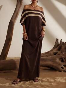 Zivah Summer New Music Festival, Easter, Business Casual, Color Block Striped Off-Shoulder Batwing Sleeve Dress - Dark Brown - View 9