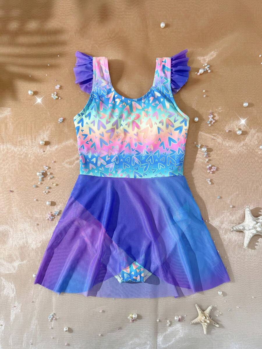 SHEIN 青少年女孩一件式泳衣,愛心印花、網格荷葉邊下擺,簡約時尚,快乾舒適針織面料,適用於海灘、泳池、海邊、衝浪、度假、夏季、旅行、假期 - 彩色 - 查看 1