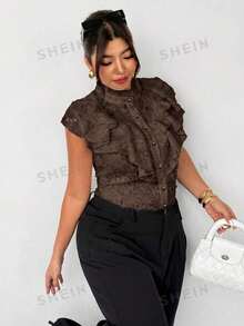 Firerie Camisa de moda de talla grande para mujer con parches y volantes de un solo botonadura - Marrón - Ver 7