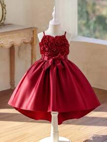 SHEIN Glamorique Kids 女童酒紅色細肩帶公主洋裝，高低裙擺附拖尾，3D玫瑰刺繡，高級緞面，適合生日派對、婚禮花童、家庭聚會、儀式場合、休閒出遊、拍照、度假、畢業舞會 - 酒紅色 - 查看 9