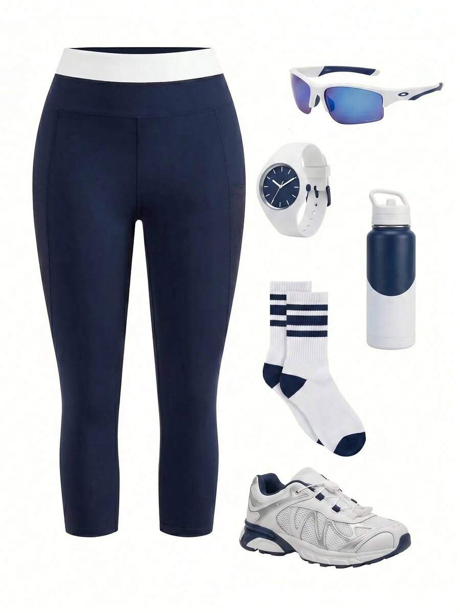 Cheerettes Quần legging nữ dài đến 7/8, phối màu tương phản, có túi lưới. - Màu xanh hải quân - Xem 1