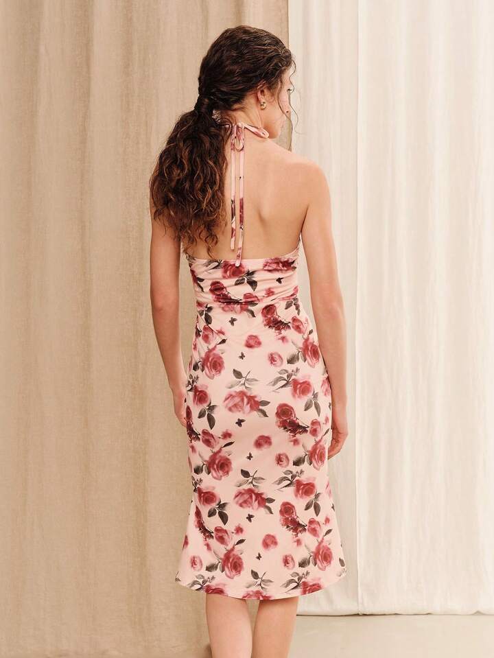 Fitted Floral Jersey Midi Dress With Ruched Cups Chic Summer Holiday Casual Sexy Resort Golf Pastal Vacation Pink｜lacRébo